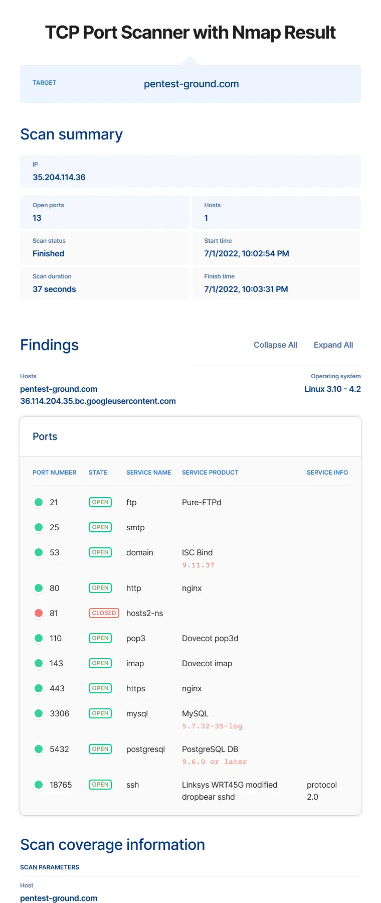 TCP Port Scanner Online with Nmap Report Sample