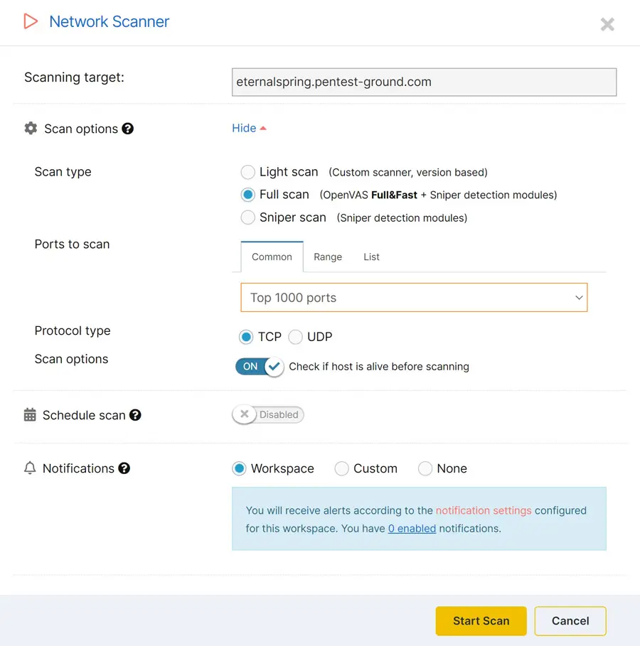 The Network Vulnerability Scanner dialog in the logged in area of Pentest-Tools.com