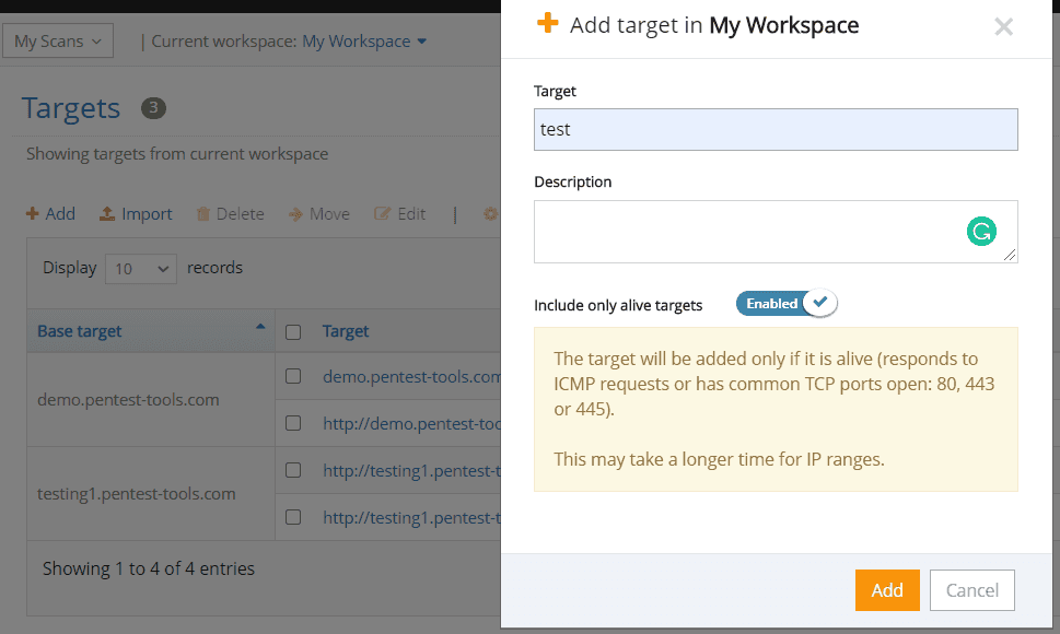 Add target in workspace pentest-tools.com