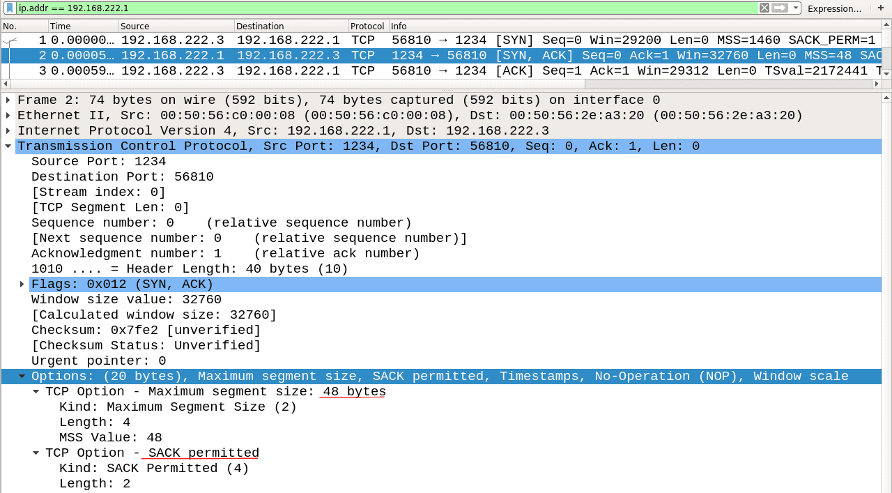 MSS options value is set at 48 and the SACK-permitted option is ON